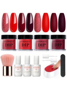 [What U Get]AZUREBEAUTY 12 PCS dip powder nail starter kit-4*10g color powder(glitter red,bright red,Burgundy,Cherry Berry),3*10ml liquid set(base coat/activator/top coat),2*liquid brush replacement,1*nail brush,1*nail file,1*dip powder recycling system.We studied the upcoming color trends closely that put together the top 4 trendiest colors of red,so you can display a colorful,stylish, modern manicure for holiday![ Easy To Use & No Need Nail Lamp Curing ]AZUREBEAUTY dip powder nail starter kit Azurebeauty Dip Powder, Modern Manicure, Nail Starter Kit, Skin Symptoms, Diy Salon, Nail Art Salon, Manicure Diy, Colors Of Red, Nail Brush