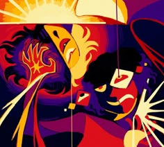 an abstract painting of two people with umbrellas over their heads and one person looking at the sun