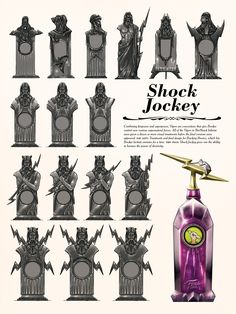 an advertisement for shock jocky with various items in the shape of people and monsters