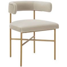 a gold metal frame chair with a beige upholstered back and seat cushion on an isolated white background