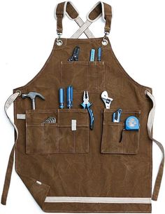 a brown apron with tools hanging from it's front and side pockets, on a white background