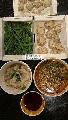 there are three different types of food in the box on the table, including green beans and dumplings