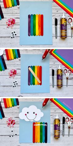 three pictures of rainbow popsicle art and crafting supplies