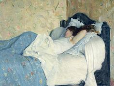 a painting of a woman laying in bed with her head resting on the pillow,