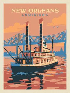 New Orleans Travel Poster, Travel Posters Design, Vintage New Orleans Aesthetic, Modern Office Room, New Orleans Poster, Poster For Wall, City Posters, Sunset Poster, New Orleans Art