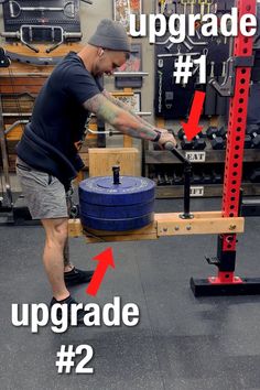 a man is working on an upside down bench in a garage with the words upgrade underneath it