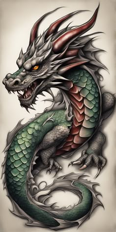 a dragon tattoo design on a white background