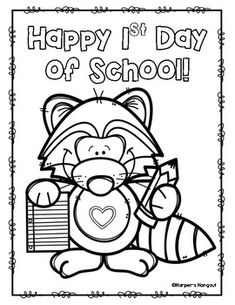 happy 1st day of school coloring page with a raccoon holding a pencil and heart