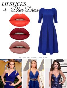 Royal Blue Outfit Makeup, Makeup With Navy Blue Outfit, Blue Dress With Red Lipstick, Make For Blue Dress, Makeup On Blue Dress, What Color Nails Go With Navy Blue Dress, Navy Blue Dress Lipstick, Navy Dress Red Lipstick, Styling Blue Dress