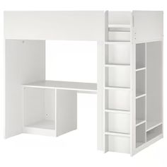 a white loft bed with shelves underneath it and a book shelf below the bed, on a white background