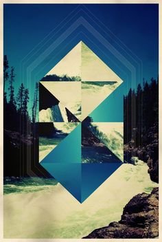 an abstract photo with blue and white shapes in the center, surrounded by trees and water