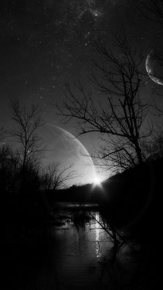 the moon is shining in the night sky over a body of water with trees on both sides