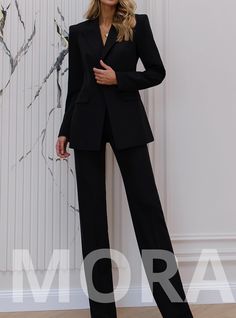 -blazer length along the back 27 1/2 inches or 70 cm -sleeve length 24,4 inches or 62 cm -pants length along the side seam 45,2 inches or 115 cm -inseam length (from the crotch to the bottom) 35,4 inches or 90 cm 2-piece womens blazer trouser suit for office, business meetings, formal events and special occasions. Also perfectly combines with sneakers so after a long and tiring business day you can change you heels to sneakers and still look chic. DETAILS -  straight pants -  high rise -  blazer Women’s Suits Black, Black Womens Blazer, Black Formal Office Lady Suit, Black Office Lady Suit For Formal Events, Women’s Black Suit, Black Office Lady Pantsuit, Tailored Long Sleeve Professional Pantsuit, Black Business Casual Suits, Fitted Black Pantsuit For Office