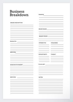 a printable business breakdown is shown in the middle of a page with text on it