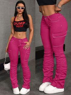 Women Button Front Pocket Casual Jean Pants, Daily Wear Hot Pink Casual   Denim Plain Skinny High Stretch  Women Clothing, size features are:Bust: ,Length: ,Sleeve Length: Hot Pink Jeans, Bridal Gloves, Jean Pants, Fashion Tights, Pink Jeans, Jeans Casual, Women's Shapewear, Pleated Pants, Women Denim Jeans