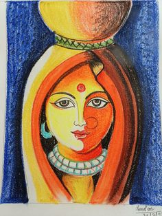 a drawing of a woman's face with an orange vase on top of her head