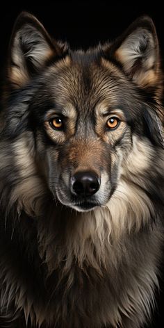 a close up of a wolf's face on a black background