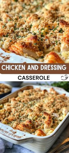 chicken and dressing casserole in a white baking dish with the title above it