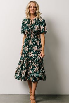 The perfect summer to spring midi dress! Topaz and blush floral print with the flow of your dreams. Gen Z Dresses, Easter Dress For Women Church 2024, Modest European Summer Outfits, Spring Dresses 2024, Dresses For Rectangle Body Shape, Easter Dress For Women, Plus Size Wedding Guest Dress, Spring Midi Dress, Feminine Dresses