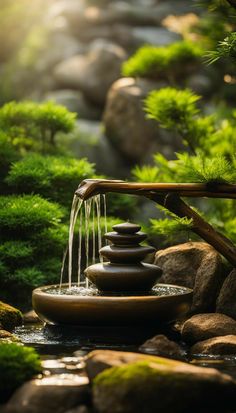 a water fountain with rocks and trees in the background