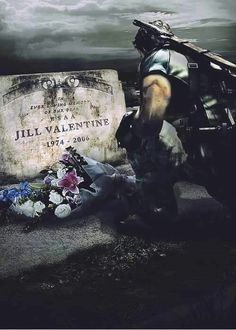 a man kneeling down next to a grave