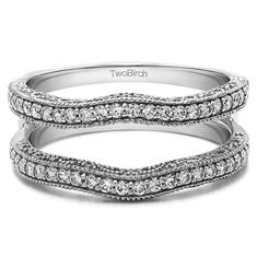 This wedding ring guard has 48 round, channel set stones. Each band measures 2 millimeters wide. This ring guard has 0.48 carats total weight. It is made to fit a round, princess, or marquise cut solitaire from 0.25 carats to 1 carats. Ring Enhancers, Wedding Ring Guard, Engagement Ring Enhancers, Ring Guards Enhancer, Contour Ring, Ring Enhancer, Cool Wedding Rings, Ring Guard, Fall Weddings