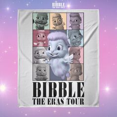 a towel with the words bubble the eras tour in front of an image of various cartoon characters