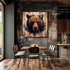 a dining room table with chairs and a painting on the wall above it that has a bear's head