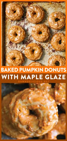 baked pumpkin donuts with maple glaze on a baking sheet and in a pan