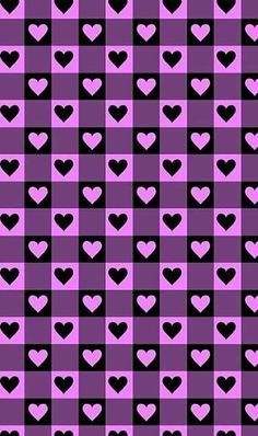 a purple and black checkered pattern with hearts in the shape of heart shapes on it