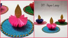 three different pictures of paper lamps with gold, pink and blue decorations on top of them