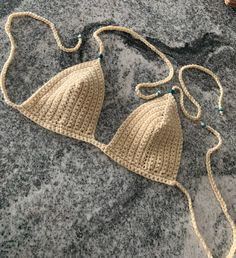 Custom handmade crochet triangle bikini top with tie straps. Beige colored with blue bead accents. Fits size small to medium. Wash delicate and air dry for longevity. Triangle En Crochet, Top With Tie Straps, Crochet Triangle, Nov 2, Blue Beads, Handmade Crochet, Women Swimsuits, Air Dry, Bathing Beauties