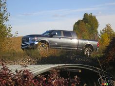 a truck is parked on the side of a road next to some bushes and trees