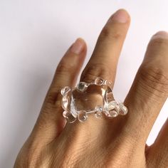 "Welcome to Hidden Glass Atelier! Glad you have found me  ✦ DESIGN    ✧ Simple and elegant band with waves like deco, handmade with clear transparent Murano glass.    ✧ Two styles: chunky and dainty to choose from    ✧ Styling: It is chic to wear alone, or stack with other metal rings for an interesting mix of material look and a pop of color. It is easy to wear up or down with a casual outfit or for a special occasion.  There is a similar style of earrings you could find it here: https://hiddenglassatelier.etsy.com/listing/1598972468    ✧ Durability: All the glass jewelry pieces are tempered by a professional kiln to provide maximum durability.    ✧ Origin: This one-of-a-kind glass ring will be custom handmade for you by me from Murano Venice Italy - the very heart of glass art since the Handmade Clear Jewelry For Party, Modern Resin Rings For Gifts, Unique Clear Crystal Ring For Gift, Unique Clear Crystal Ring As A Gift, Unique Clear Resin Ring, Modern Resin Jewelry For Gifts, Unique Clear Resin Rings, Modern Resin Jewelry Gift, Modern Glass Rings Suitable For Gifts