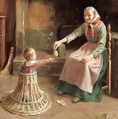 a painting of a woman holding an apple to a child who is sitting on a chair