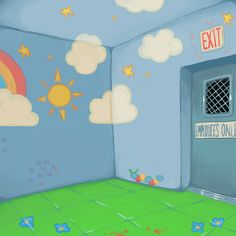 an empty room with a rainbow painted on the wall and a exit sign above it