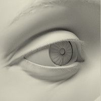 an eye is shown in black and white, with the iris partially open to show its lightness