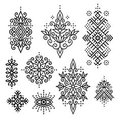 an assortment of ornamental designs in black and white on a white background, each with different shapes