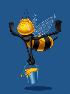 a cartoon bee flying through the air with its legs spread out and holding onto a bucket