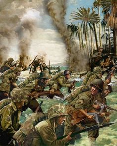 The Battle of Peleliu, codenamed Operation Stalemate II by the United States military, was fought between the US and the Empire of Japan during the Mariana & Palau Campaign of World War II, from September to November 1944, on the island of Peleliu.  US Marines of the First Marine Division, and later soldiers of the US Army's 81st Infantry Division, fought to capture an airstrip on the small coral island. This battle was part of a larger offensive campaign known as Operation Forager. Us Marine Corps, Realistic Paintings, American Soldiers, Aviation Art