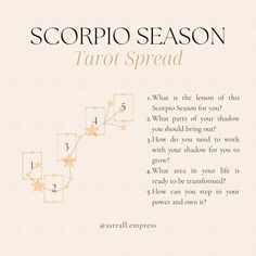 the tarot spread for scorpio season is shown in gold and white