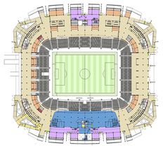 an aerial view of a soccer stadium with the pitch marked in purple and blue lines