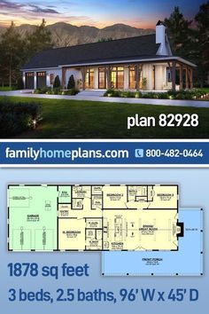 two story house plan with 3 beds, 2 baths, 9'x5 '