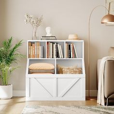 a living room with a book shelf filled with books next to a chair and potted plant