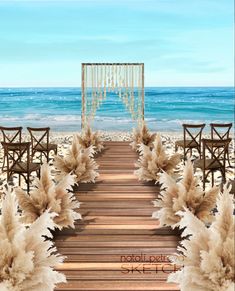 an outdoor wedding set up on the beach with chairs and flowers in front of it