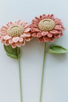 two crocheted flowers on top of each other with green stems and leaves in the middle