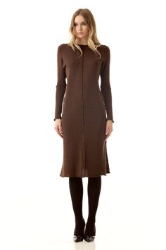 A-line knitted dress MADELEINE. Material: 100% merino wool, made in Italy. Available color: brown, black. Available sizes: XS, S, M, L. A-line knitted shift dress MADELEINE is made of soft merino wool. Knee-length, external seams, raw hems, cut-out elbows, long sleeves. Slightly loose fit, lightweight knit.  Knitted belt included. The leather belt is not included. Brown Knee Length Dress, Merino Wool Dress, Merino Wool Clothing, Wool Knitted Dress, Womens Knit Dresses, Dress A Line, Knitted Dress, Brown Dress, Loose Dress