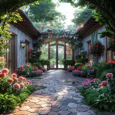 an arch leading into a garden filled with lots of flowers