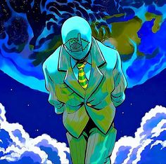 a man in a suit and tie standing on top of a cloud filled sky with the earth in the background