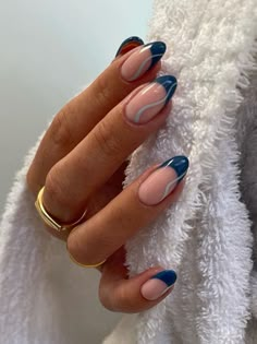 Good Nail Ideas Nails Colored Tips Almond, Trending Acrylic Nails 2023 Almond, Dark Blue Acrylics With Design, Blue Nails Almond Art Designs, Blue And Gold Almond Acrylic Nails, Blue Nail Inspiration Acrylic, Dark Blue Spring Nails, Deep Ocean Blue Nails, Asymmetric Nail Designs